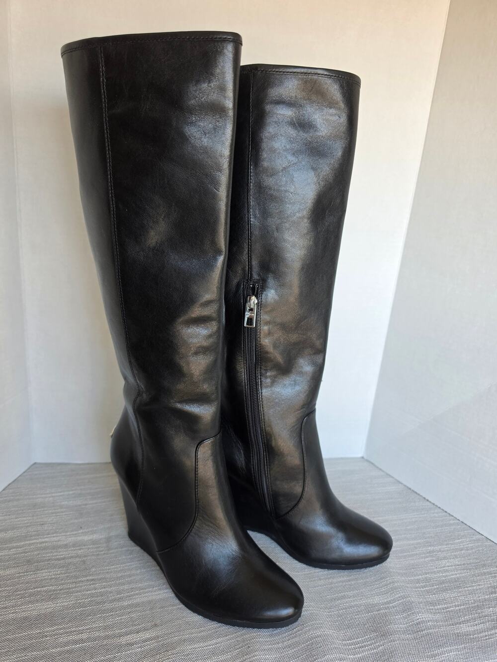 Coach Della Wedge Knee-high Leather Boots Wrapped Wedge Silver Logo on Heel 8.5